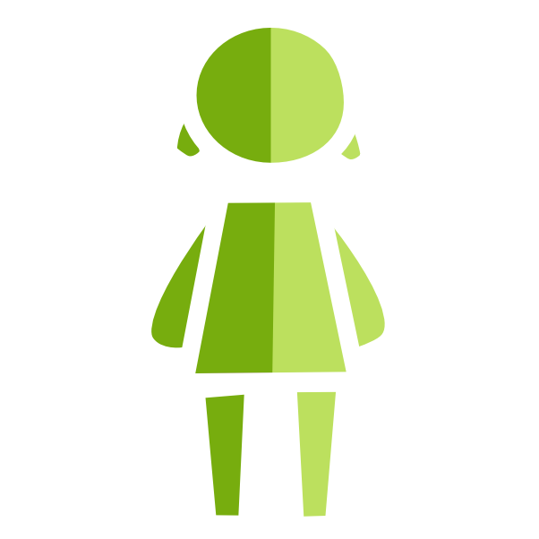 A lime green child figure split in half. One side is a lighter green than the other. It has white lineart